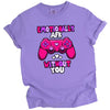 Purple “Emotionally AFK” Valentine’s tee with pink and white heart accents and video game controller, flat lay studio shot.