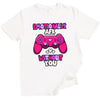 White “Emotionally AFK” gamer shirt with hot pink hearts and controller, flat lay on clean white backdrop.