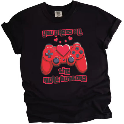 Black Valentine’s gamer tee with bold red heart and game controller, romantic and playful gift idea