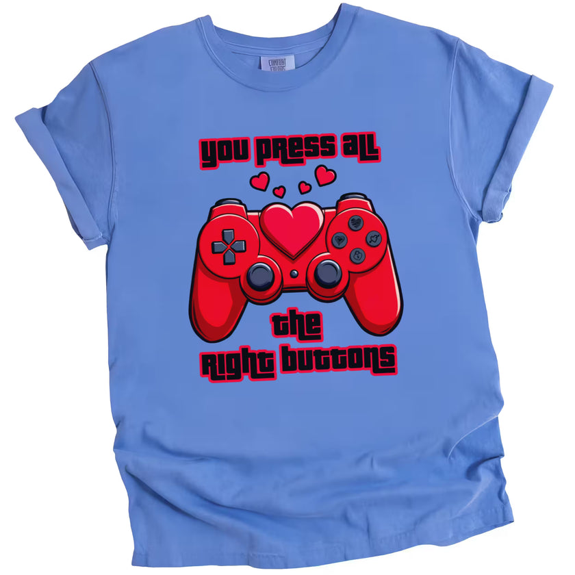 Blue gamer Valentine’s shirt with red hearted game controller, fun tee for love-filled gaming sessions
