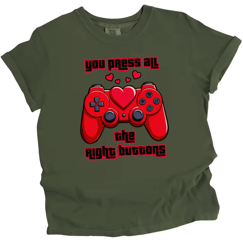 Green Valentine’s t-shirt with red game controller and heart, perfect for playful gamer couples