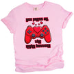 Pink Valentine’s tee with red game controller and heart, playful love gift for gamers and couples