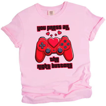 Pink Valentine’s tee with red game controller and heart, playful love gift for gamers and couples