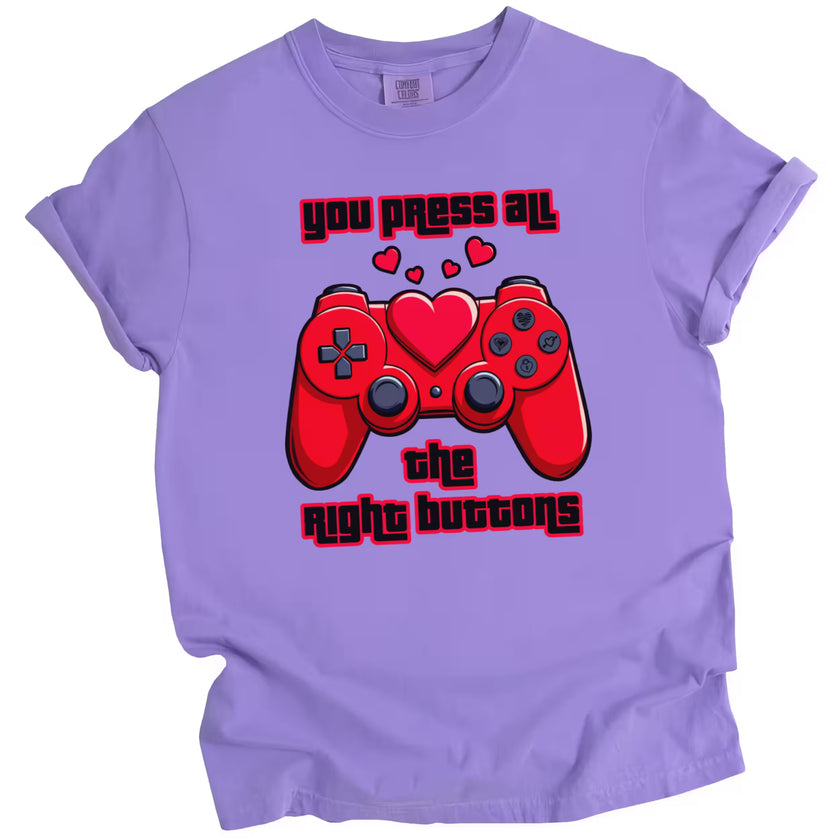 Purple Valentine’s gamer tee featuring red game controller with heart, ideal gift for game-loving sweethearts
