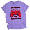 Purple Valentine’s gamer tee featuring red game controller with heart, ideal gift for game-loving sweethearts