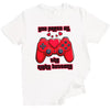 White Valentine’s gamer t-shirt with red heart and game controller, fun and flirty gift for gamers