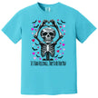 Blue shirt flat lay with skeleton hands forming a heart above his head, surrounded by black bats and hearts.