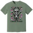 Green shirt flat lay displaying skeleton heart hands, pink and red hearts, and “If I Had Feelings” pun text.