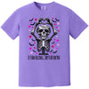 Purple shirt flat lay featuring skeleton making heart hands with pun “If I Had Feelings, They’d Be For You.”