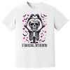 White shirt flat lay showing Gothic Valentine design with skeleton heart hands and pink/red heart accents.