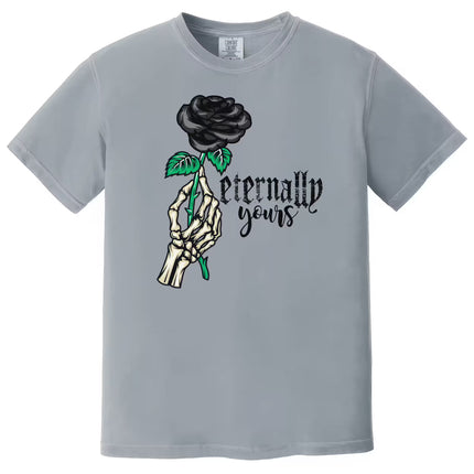 Gray Eternally Yours gothic tee flat lay featuring skeleton hand and black rose, perfect dark Valentines look
