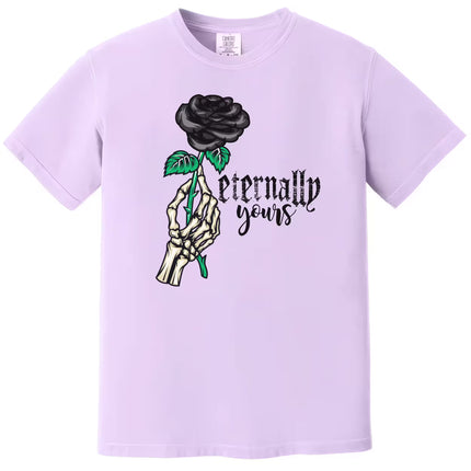 Eternally Yours gothic Valentines t-shirt in light purple with gothic skeleton hand holding black rose flat lay