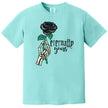 Eternally Yours gothic Valentines tee in mint with skeleton hand holding black rose flat lay on white background