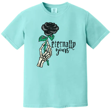 Eternally Yours gothic Valentines tee in mint with skeleton hand holding black rose flat lay on white background