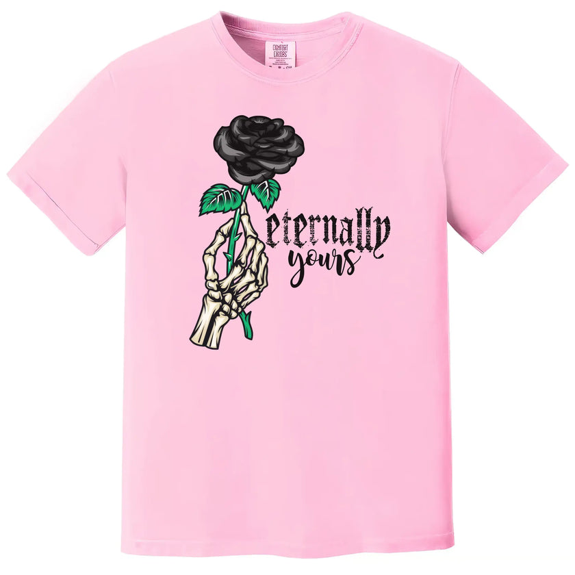 Pink gothic Valentines tee flat lay with skeleton hand gripping black rose, edgy romantic style