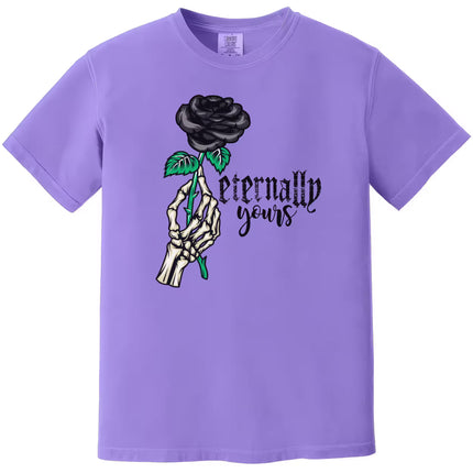 Purple gothic Valentines tee with skeletal hand holding black rose, laid flat on white background