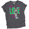 Gray t-shirt with a skeleton hand making a peace sign and 'LOVE' text on a white background