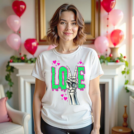 Female model wearing white Gothic Valentine’s LOVE t-shirt standing in her living room.