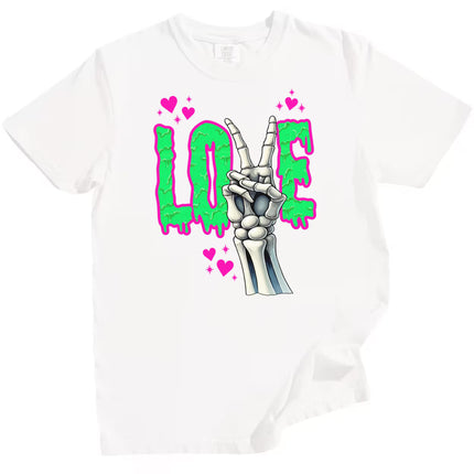 White t-shirt with skeleton hand making a peace sign and 'LOVE' text on a white background