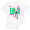White t-shirt with skeleton hand making a peace sign and 'LOVE' text on a white background