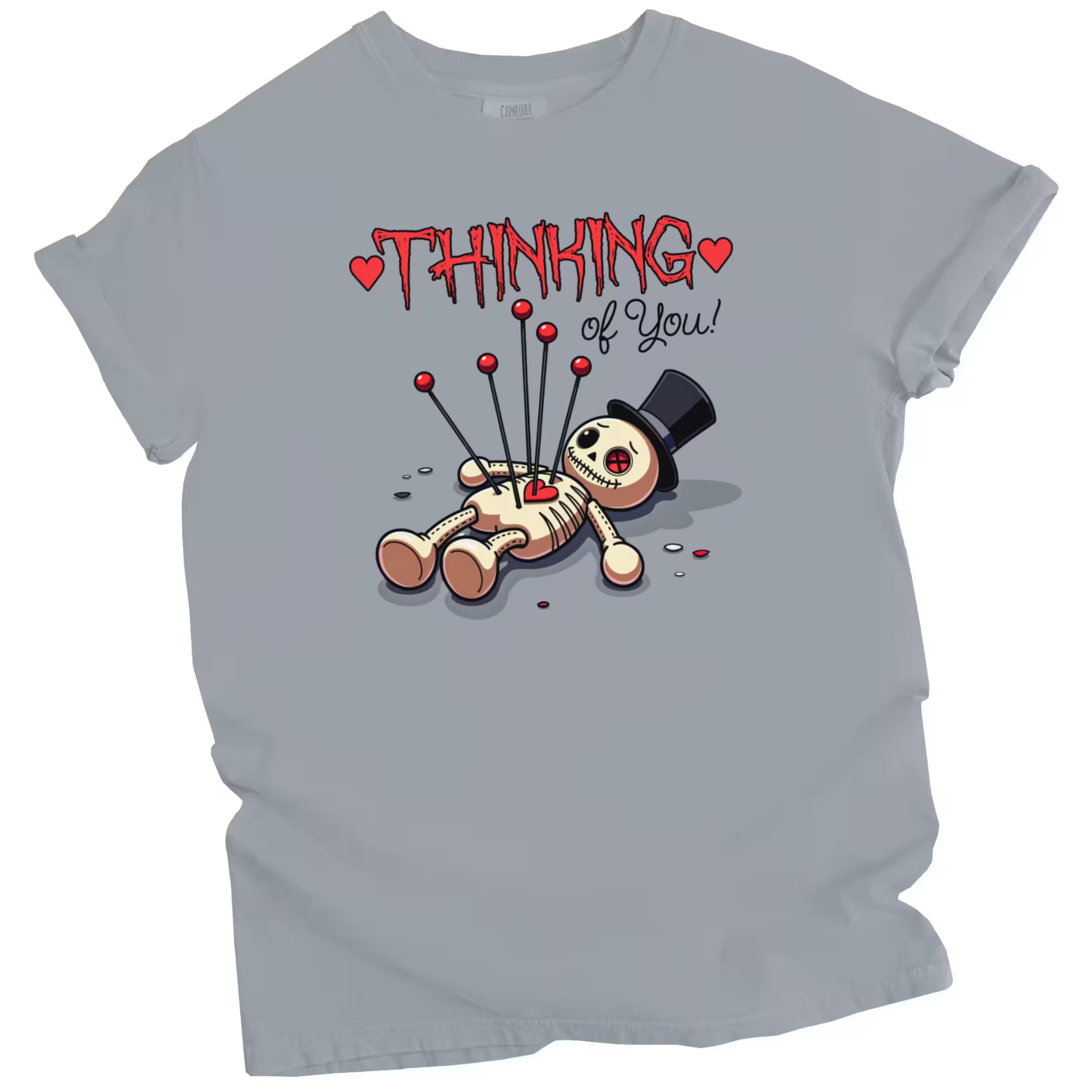 Thinking of You graphic tee with voodoo doll design, gray shirt flat lay, edgy romantic aesthetic, Valentine’s Day t-shirt gift