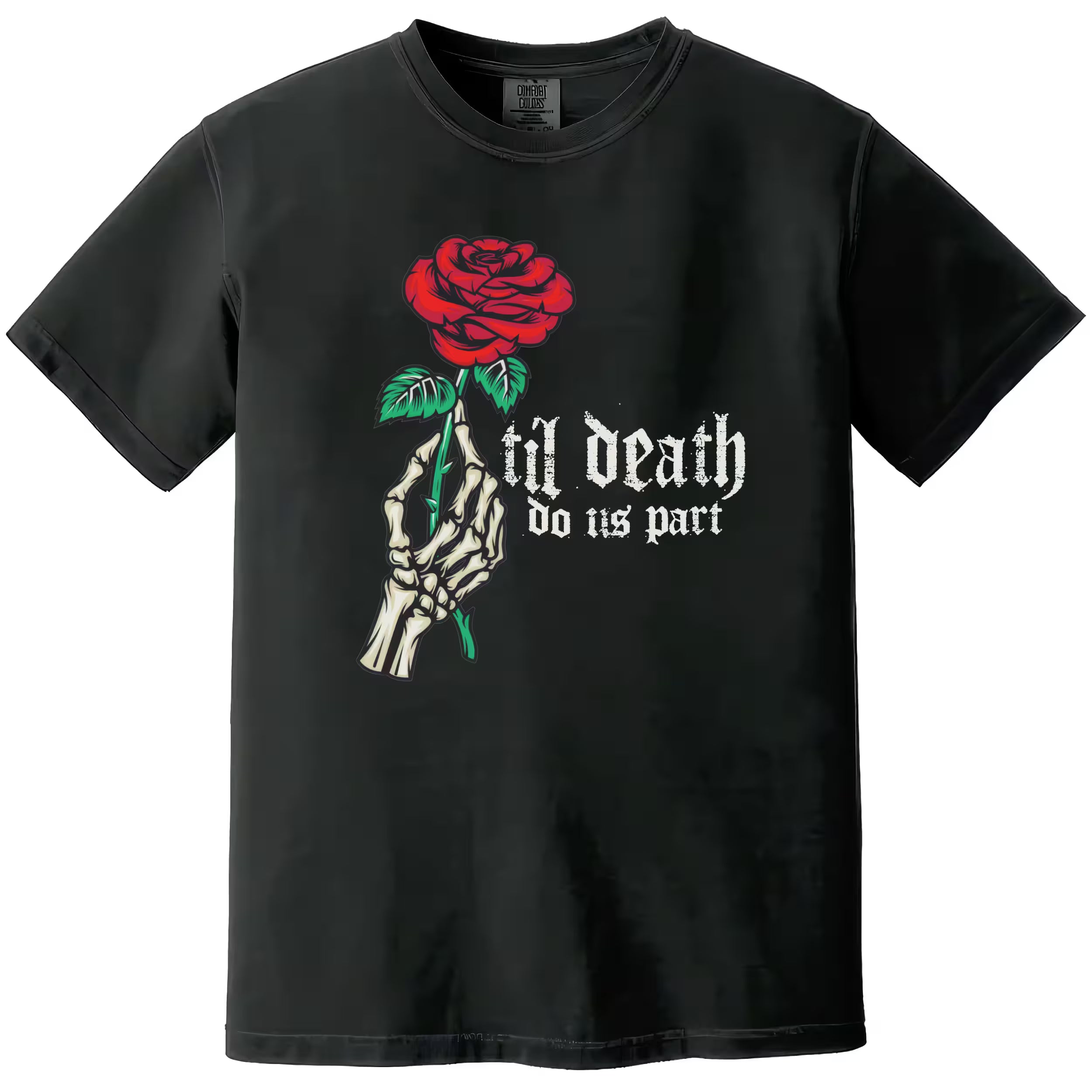 Black gothic rose t-shirt featuring skeleton hand and distressed lettering, edgy romantic tee for alternative fashion and dark love vibes.