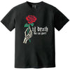 Black gothic rose t-shirt featuring skeleton hand and distressed lettering, edgy romantic tee for alternative fashion and dark love vibes.