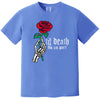 Blue gothic Valentine’s t-shirt with skeleton hand holding rose, dark romantic graphic tee for edgy fashion fans.