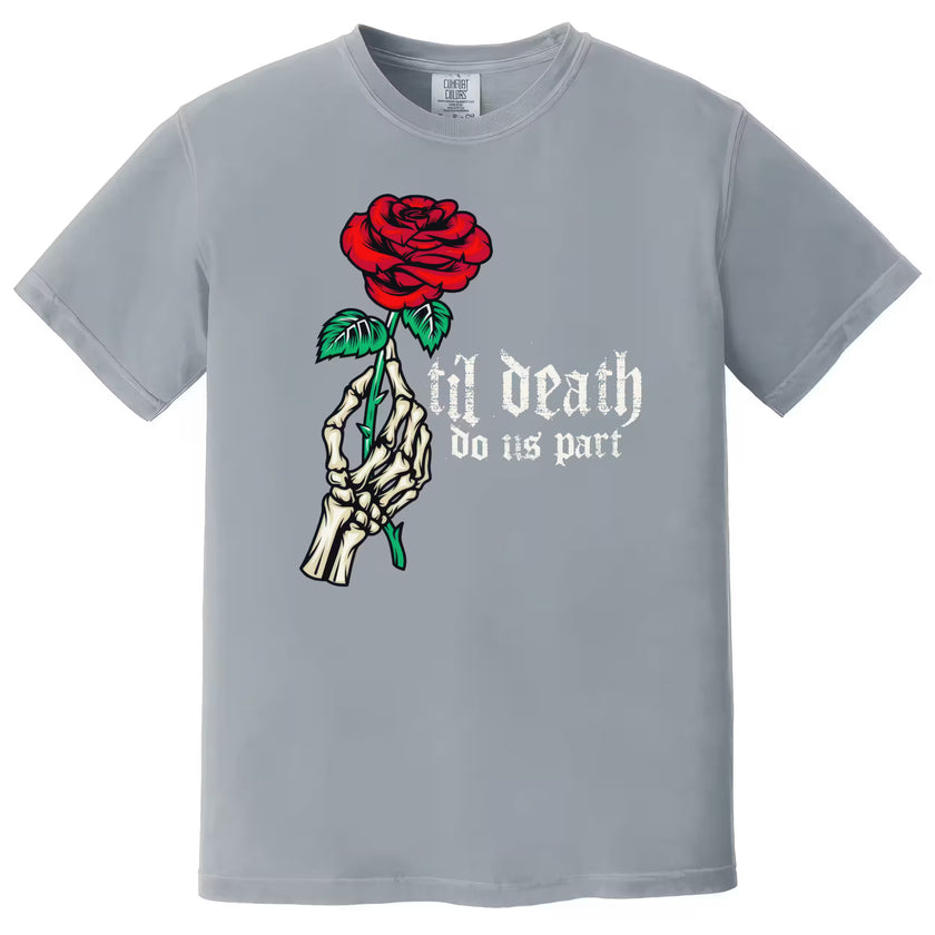 Gray gothic rose t-shirt with skeleton hand and “Til Death Do Us Part” text, dark romantic aesthetic tee for gothic fashion lovers and Valentine’s style.