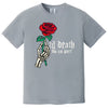 Gray gothic rose t-shirt with skeleton hand and “Til Death Do Us Part” text, dark romantic aesthetic tee for gothic fashion lovers and Valentine’s style.