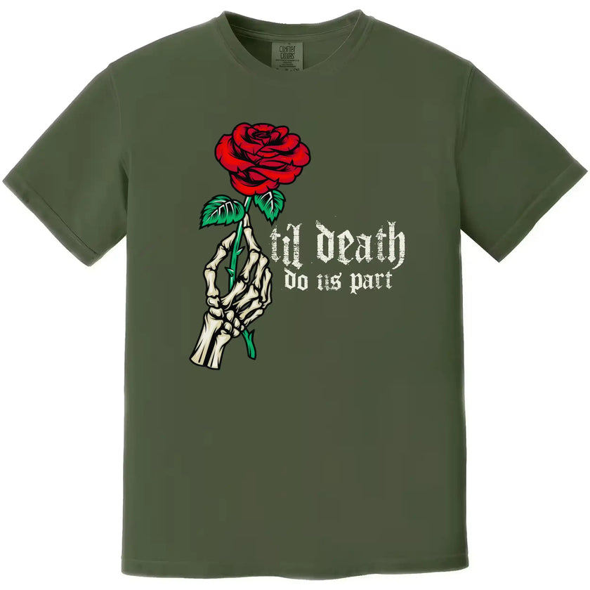 Green gothic rose tee with skeleton hand and “Til Death Do Us Part” text, moody alternative shirt for gothic style lovers.