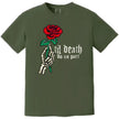 Green gothic rose tee with skeleton hand and “Til Death Do Us Part” text, moody alternative shirt for gothic style lovers.