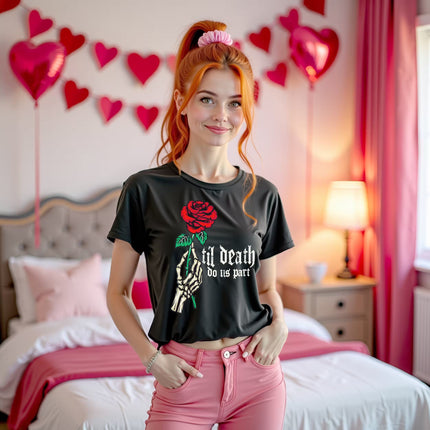 Female model wearing black gothic rose t-shirt in pink Valentine’s bedroom, dark romantic aesthetic with skeleton hand design.