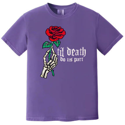 Purple gothic t-shirt featuring skeleton hand and rose design, romantic darkwear tee for alternative Valentine’s outfits.
