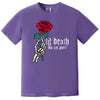 Purple gothic t-shirt featuring skeleton hand and rose design, romantic darkwear tee for alternative Valentine’s outfits.