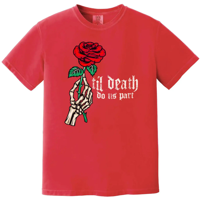Red gothic rose t-shirt with skeleton hand artwork, dramatic Valentine’s graphic tee for bold, dark aesthetic lovers.