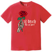 Red gothic rose t-shirt with skeleton hand artwork, dramatic Valentine’s graphic tee for bold, dark aesthetic lovers.