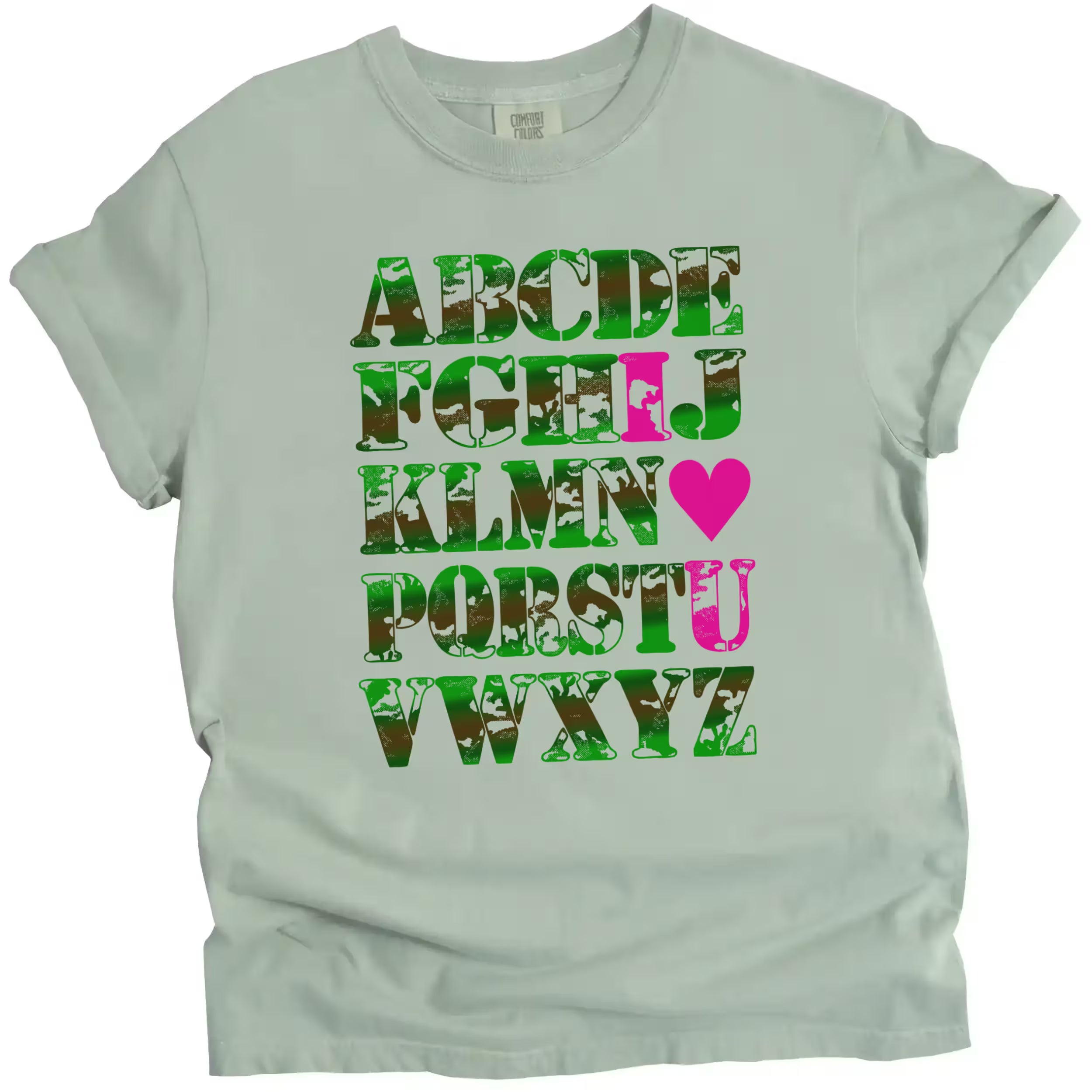 Light green Valentine’s alphabet tee flat lay, hot pink I ♥ U, fun camo design