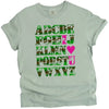 Light green Valentine’s alphabet tee flat lay, hot pink I ♥ U, fun camo design