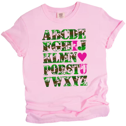 Pink camo alphabet Valentine’s t-shirt flat lay, hidden I ♥ U heart design