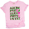 Pink camo alphabet Valentine’s t-shirt flat lay, hidden I ♥ U heart design