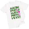 White “I ♥ U” Valentine’s tee flat lay, camo alphabet letters, romantic pun