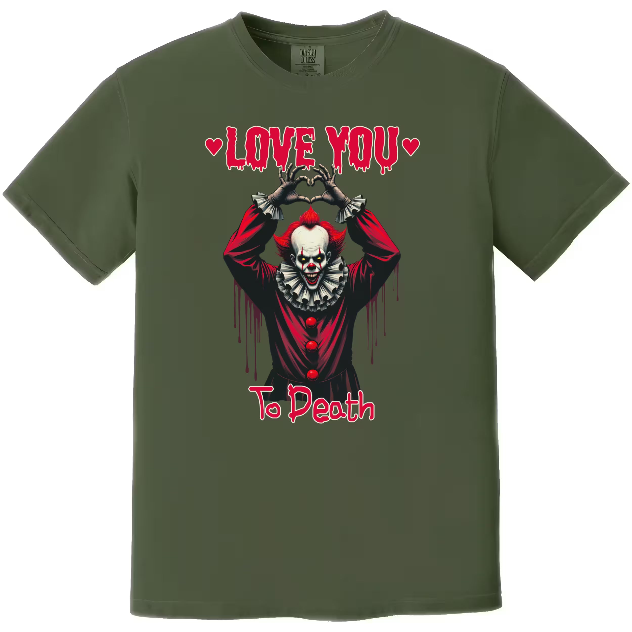 Green gothic Valentine tee with eerie clown artwork and dark romantic “Love You to Death” phrase