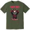 Green gothic Valentine tee with eerie clown artwork and dark romantic “Love You to Death” phrase