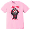 Pink “Love You to Death” gothic Valentine shirt with creepy clown heart hands design on white background