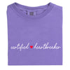 Purple minimalist Certified ♥ Heartbreaker shirt flat laid on white background.