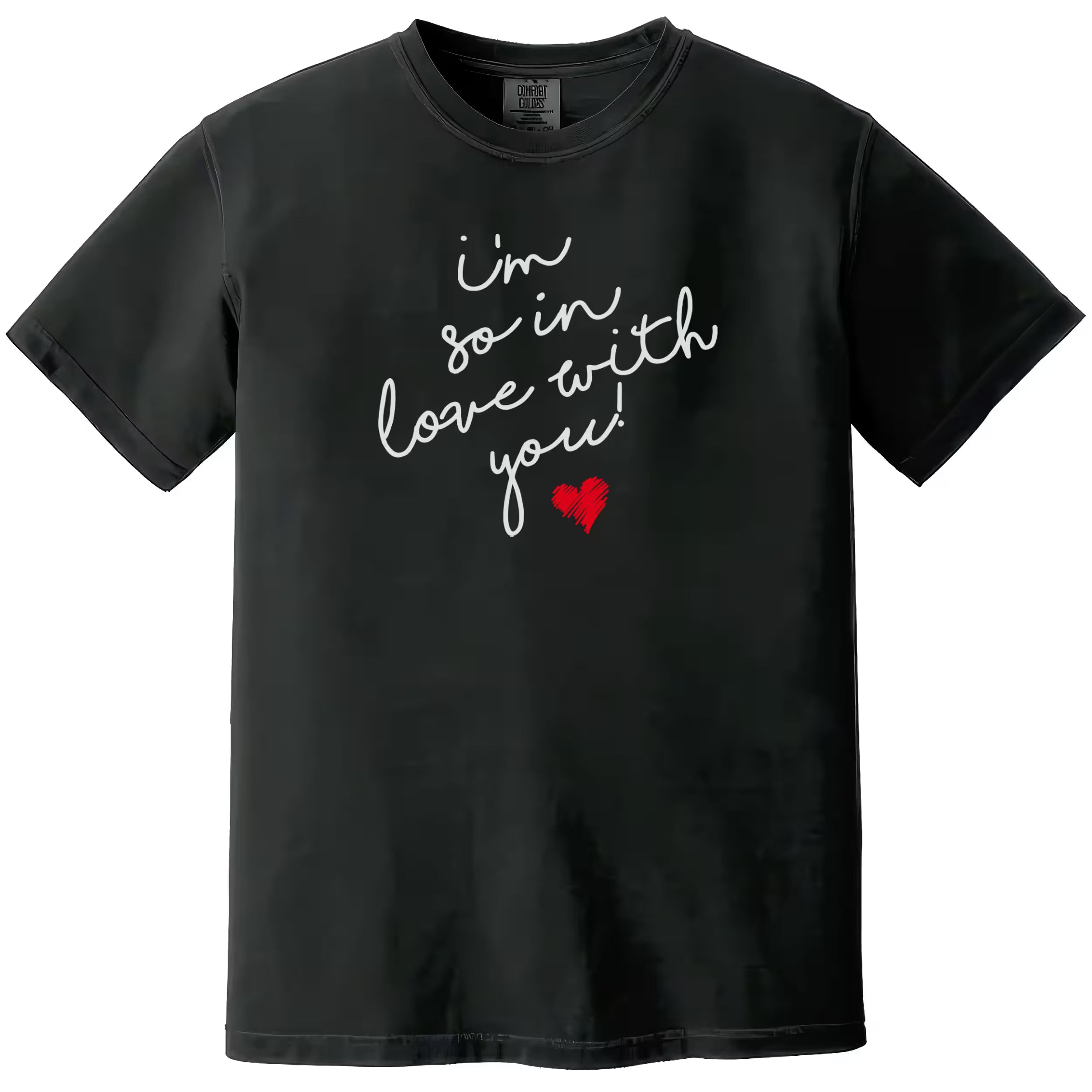 Black “I’m So In Love With You” t-shirt with handwritten script and red heart design, romantic Valentine’s aesthetic, love-themed graphic tee for couples