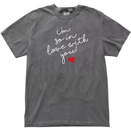 Heather gray “I’m So In Love With You” tee with soft script lettering and red heart graphic, minimalist romantic shirt for Valentine’s season