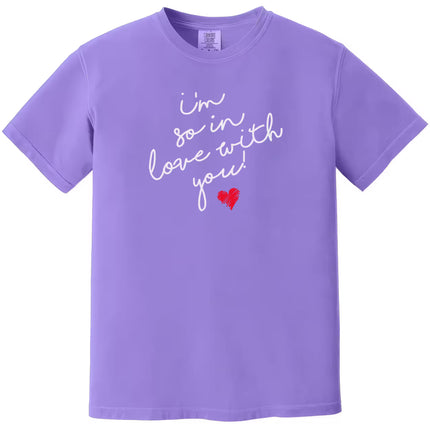 Purple “I’m So In Love With You” graphic t-shirt with handwritten font and red heart detail, cute love-themed top for women