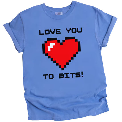 Blue Love You to Bits tee with red pixel heart, flat lay on white background, gamer-inspired retro style
